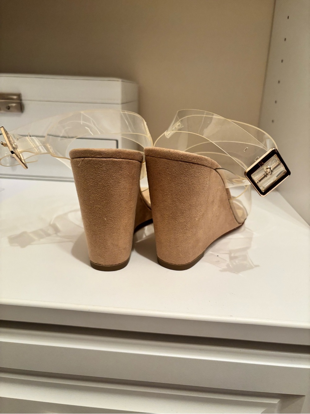 Jessica Simpson Clear-Strap Tan Suede Wedge Sandals - Picture 3 of 6
